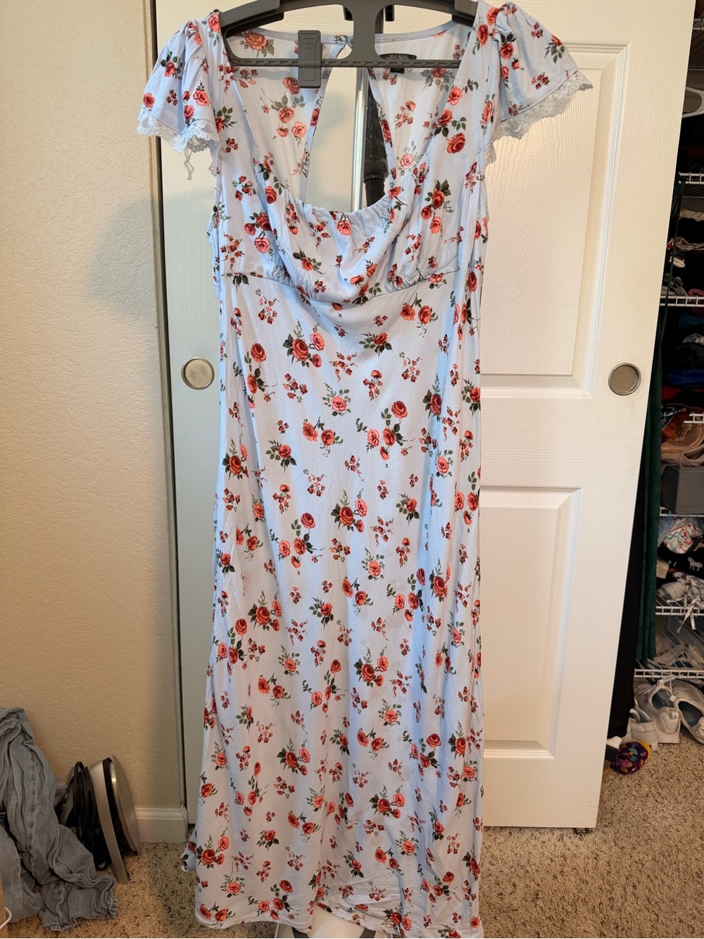 Floral Maxi Dress - Light Blue with Red Rose Print